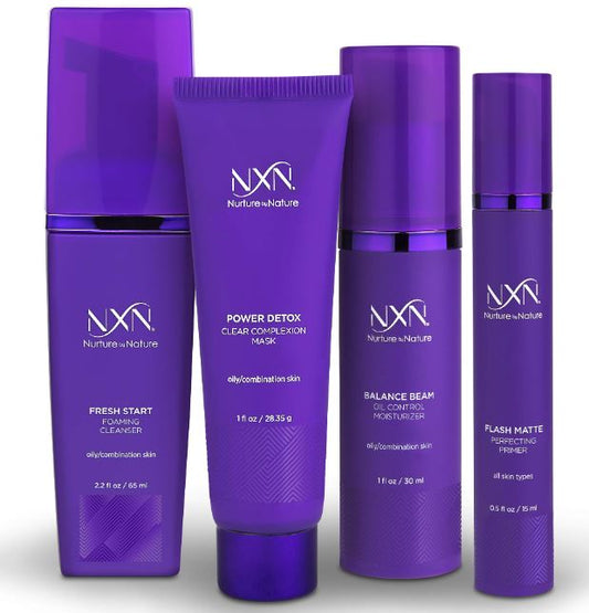 NxN Oil Control System - Set with Kaolin Clay Face Mask, Mattifying Primer, Cleansing Face Wash, & Daily Moisturizer - Oily Skin Sebum Control Kit for Men & Women